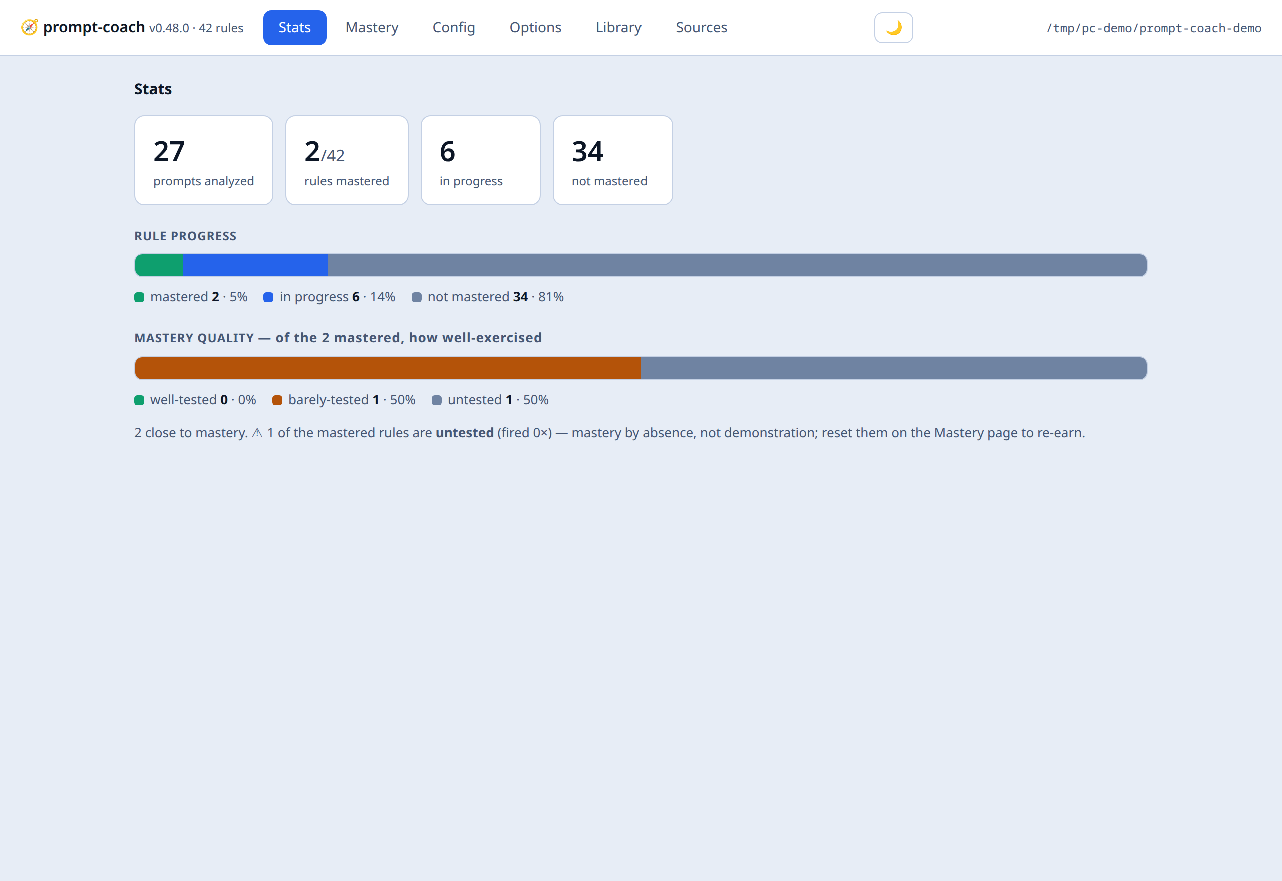 prompt-coach dashboard — Stats tab in light theme