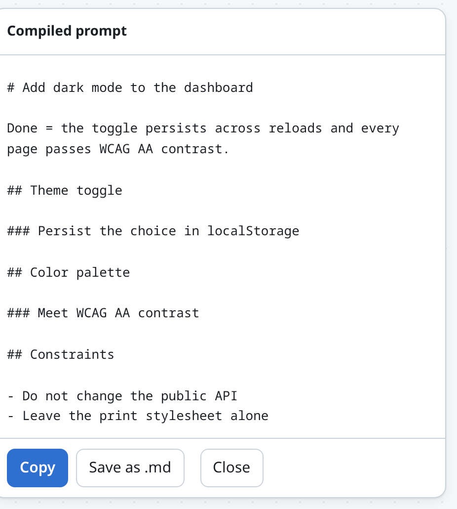 The compiled prompt panel: the goal as the heading