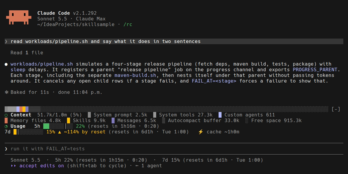 Both mods in one real Claude Code session: the context window as a stacked bar with a token legend