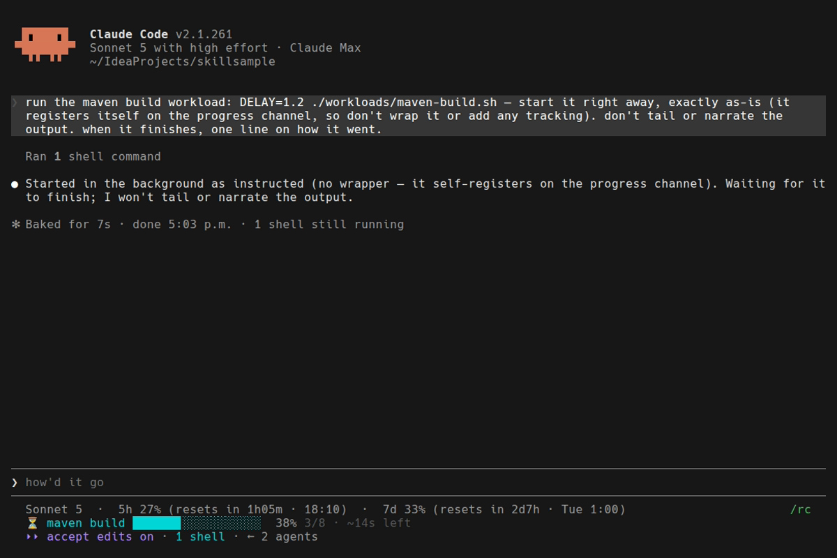 A Claude Code session — the maven build’s live bar and ETA in the status line